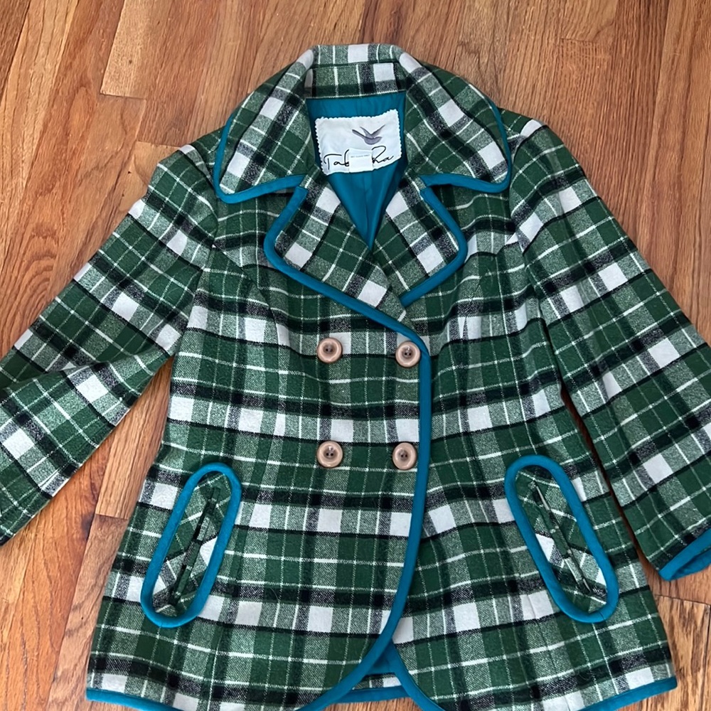 Tabitha Green and White Plaid Pea Coat with Teal Trim